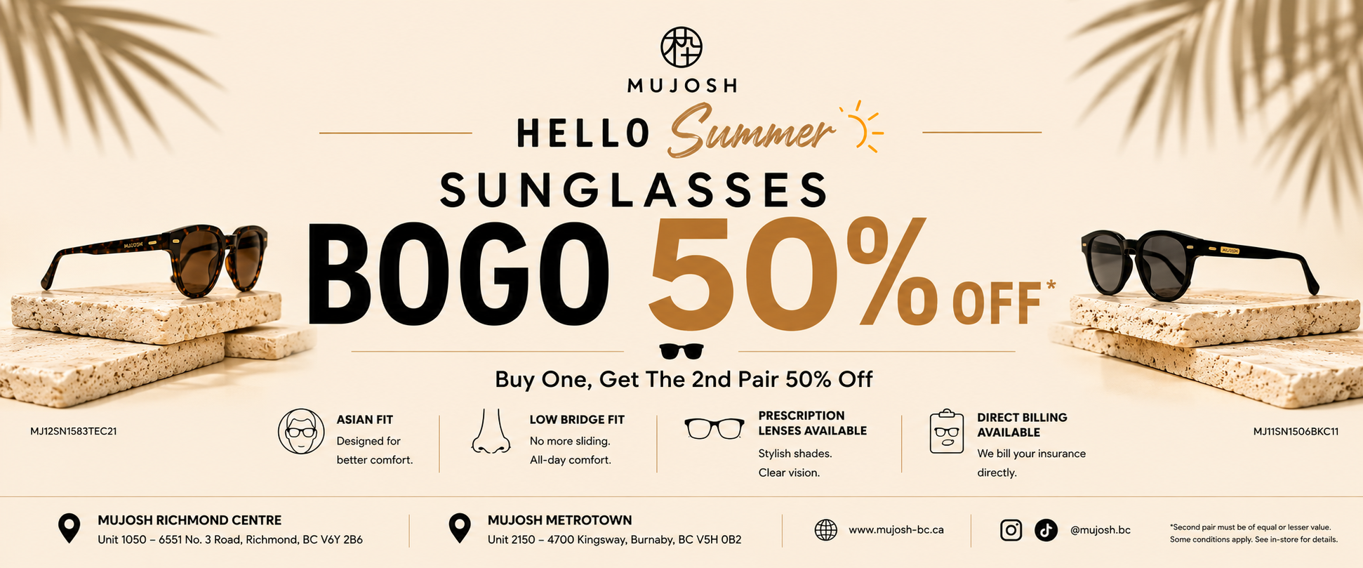 MUJOSH Hello Summer Sunglasses BOGO 50% OFF. Buy one, get the second pair 50% off.